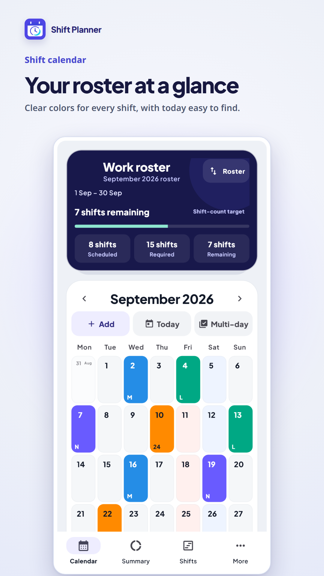 Calendar in the Shift Planner Android app